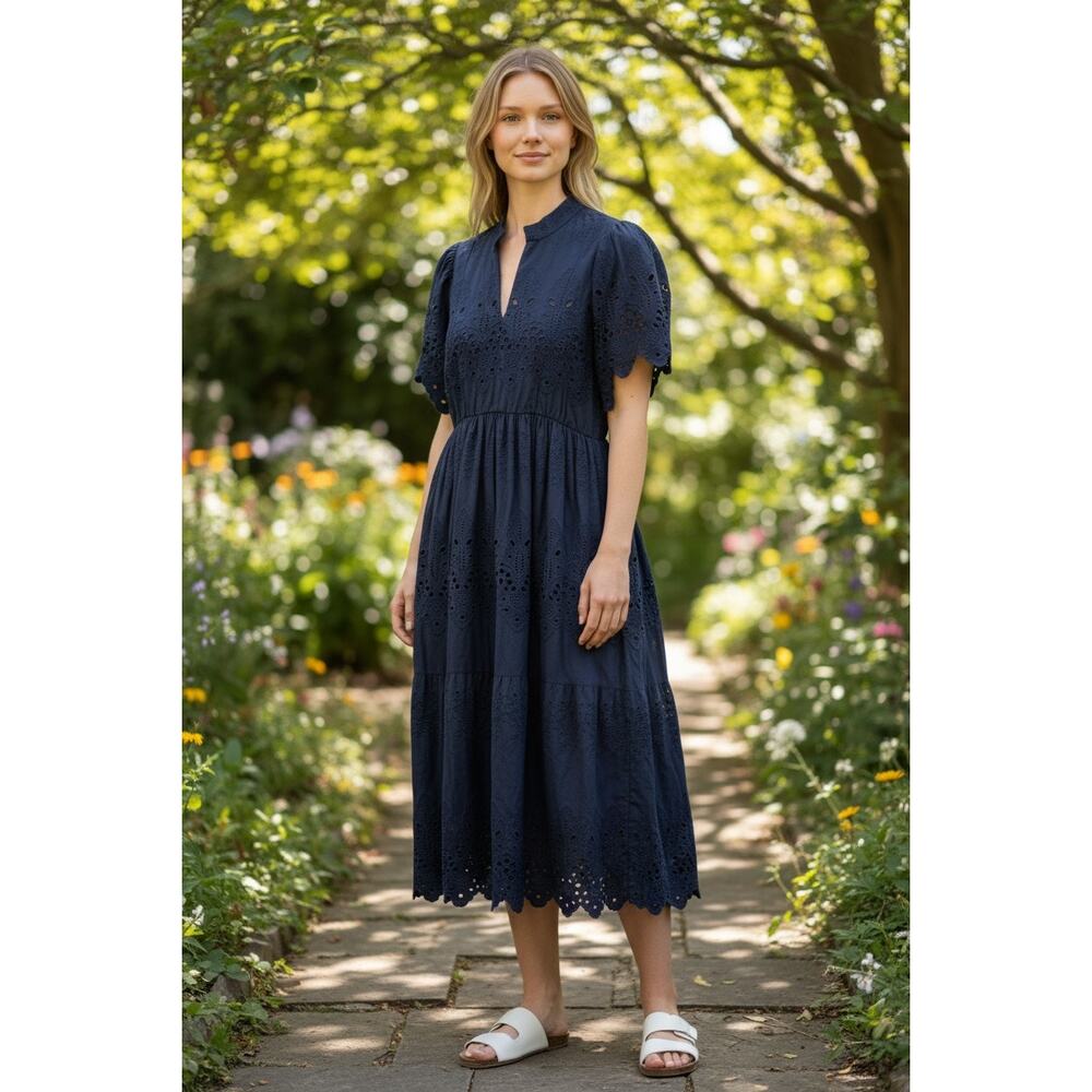 Gretchen Scott Designs navy blue eyelet maxi dress sz small